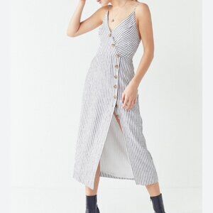 New Urban Outfitters Gray, Blue & White Striped Linen Midi Dress size M
